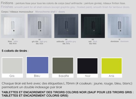 Palette de coloris pour la série armoire à rideaux sd tiroirs