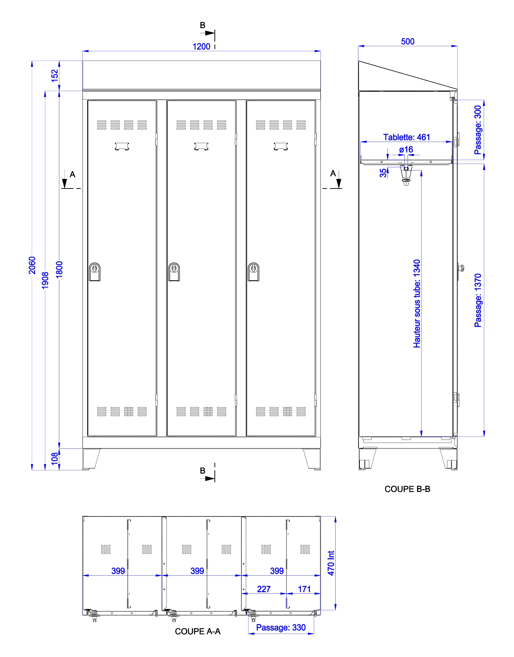 Toutes le dimensions utiles du vestiaire métallique industrie sale