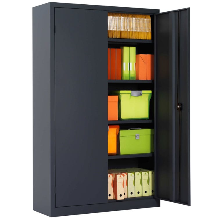 Une armoire de bureau à portes battantes ouvertes