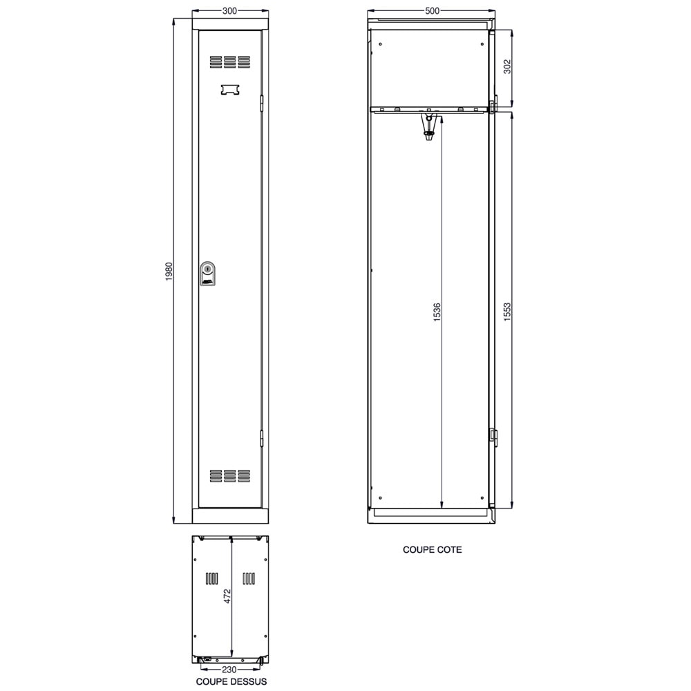 Toutes le dimensions utiles du vestiaire de bureau