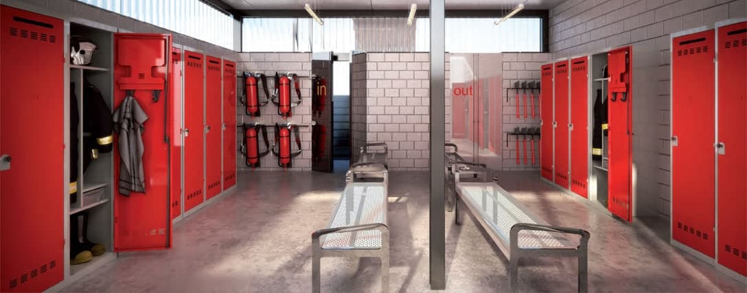 Vestiaires dans une caserne de pompier